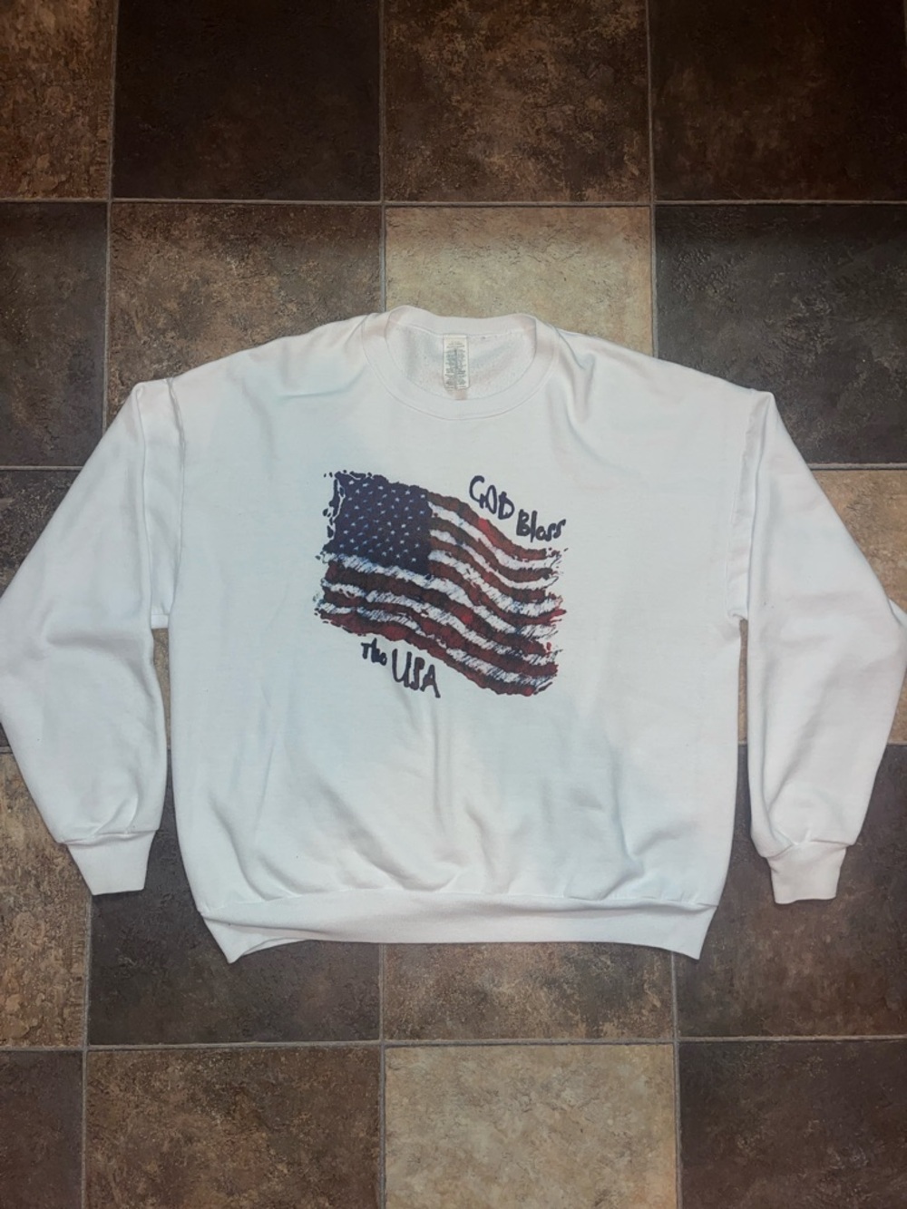 Vintage White Crewneck Sweatshirt with Red & Blue Flag Graphic